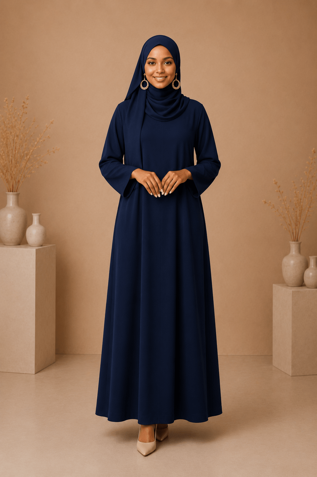 Navy Blue Modest Dress Set with Scarf