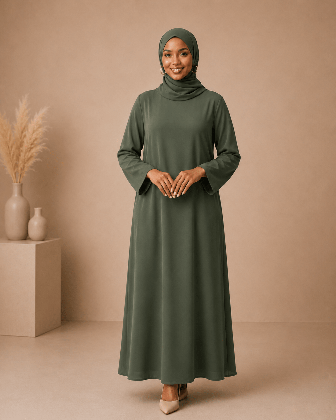 Olive Green Dress Set with Scarf modest dress with matching scarf by Sharifaah