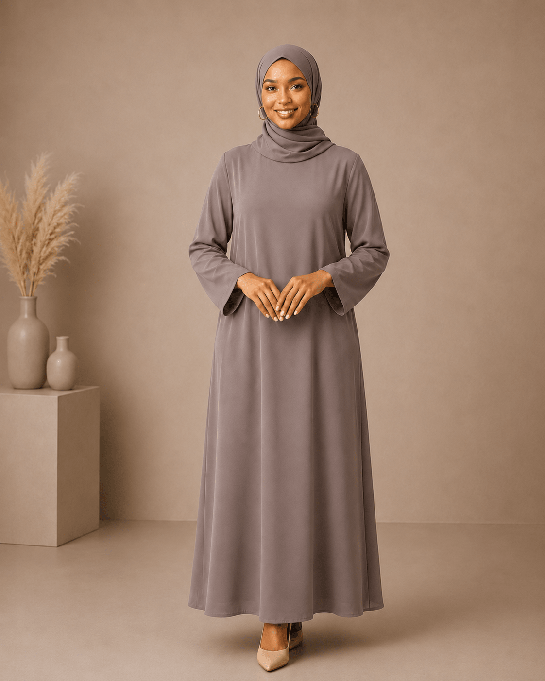Warm Taupe Dress Set with matching scarf by Sharifaah — modest women's outfit in rich earthy taupe, elegant silhouette