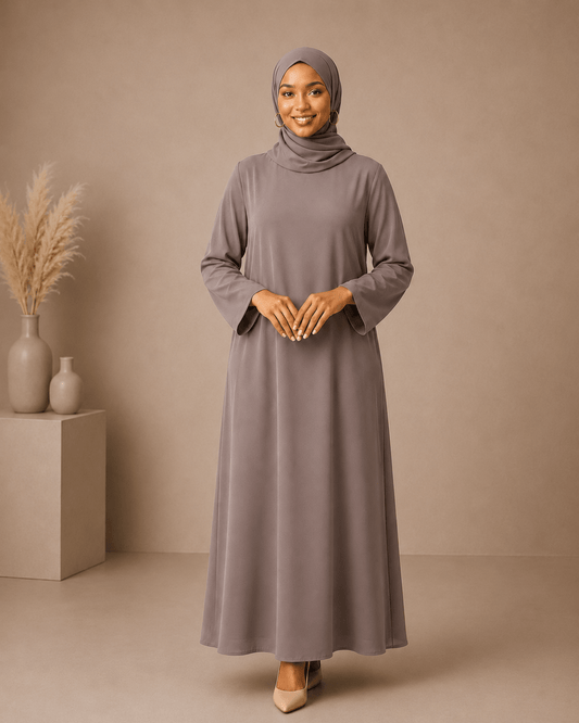 Warm Taupe Dress Set with matching scarf by Sharifaah — modest women's outfit in rich earthy taupe, elegant silhouette