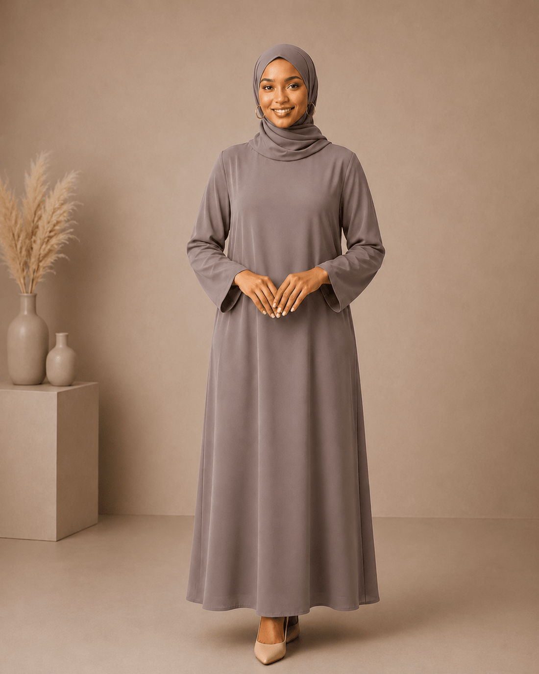 Warm Taupe Dress Set with Scarf modest dress with matching scarf by Sharifaah