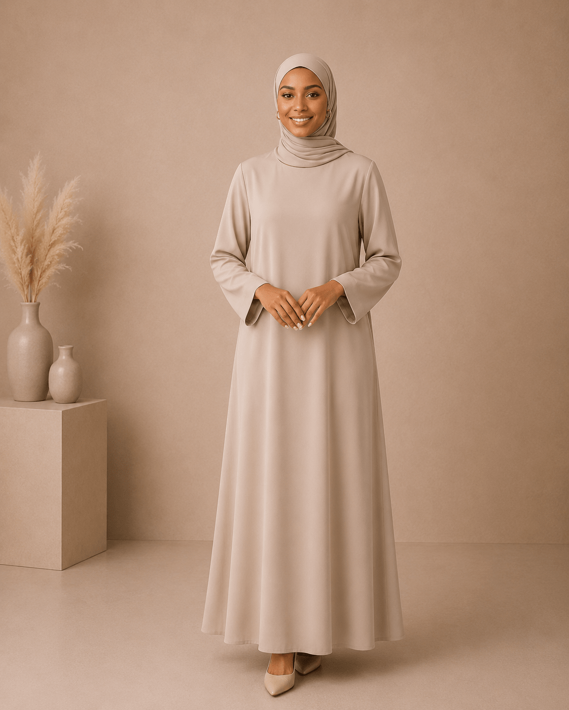 Soft Beige Dress Set with Scarf modest dress with matching scarf by Sharifaah