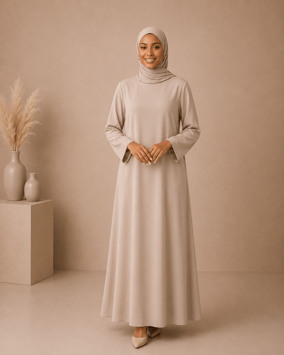 Soft Beige Dress Set with Scarf modest dress with matching scarf by Sharifaah