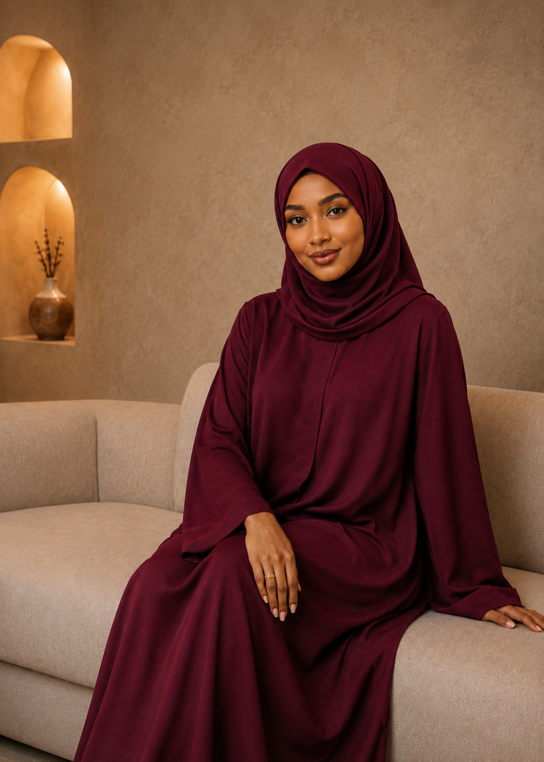 Woman wearing Rich Burgundy modest dress set with matching hijab scarf by Sharifaah, seated elegantly in a warm neutral interior"

