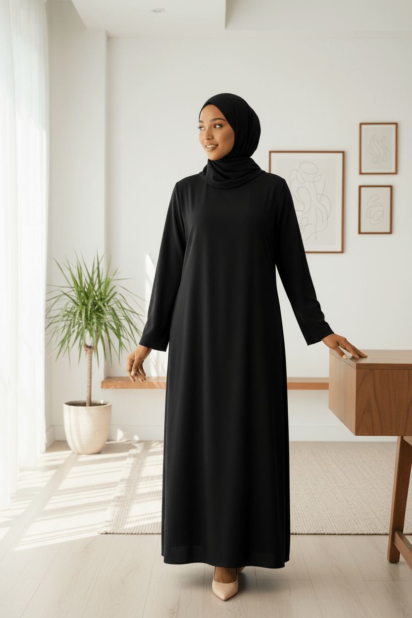 Jet Black Modest Dress Set with Scarf