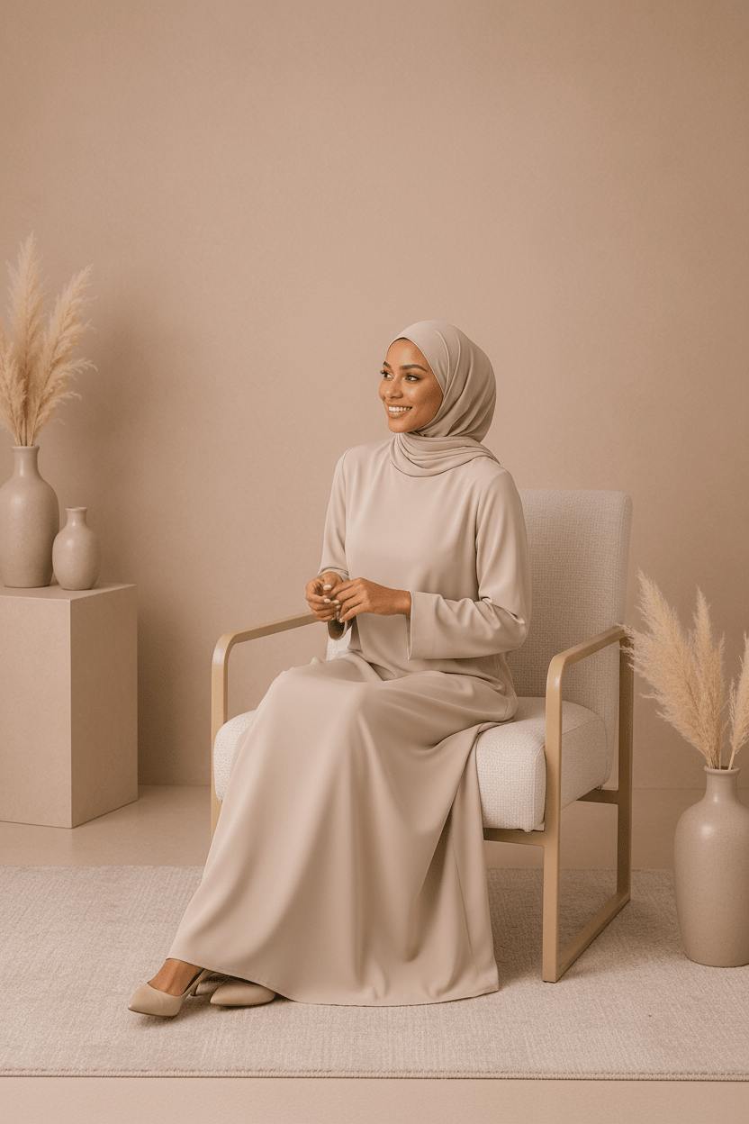 Soft Beige Dress Set with Scarf modest dress with matching scarf by Sharifaah